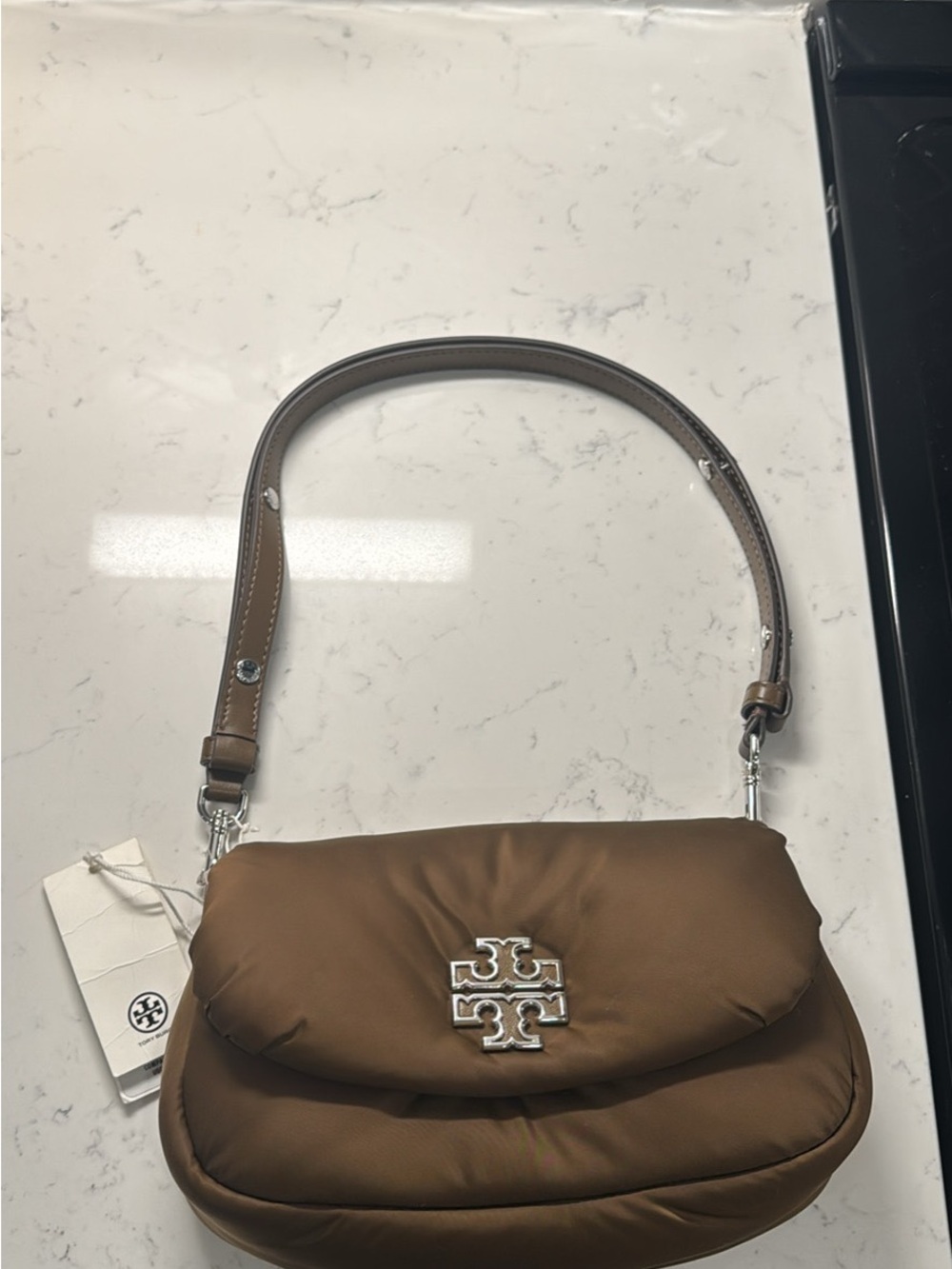 Tory Burch Cognac Puffer Shoulder Bag with Silver Logo